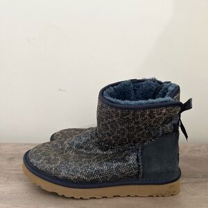 Ugg Boots Women 7 Mini Bailey Bow Shearling Booties Glitter Sparkle Blue 1006168